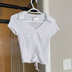 Hollister White Ribbed Collared Crop Top